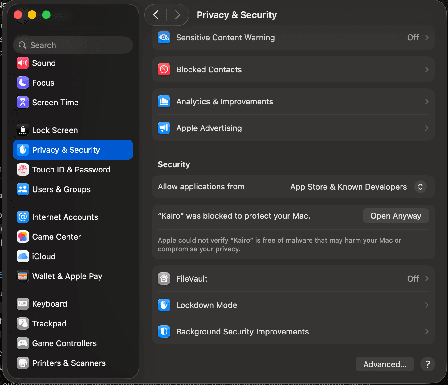 macOS System Settings showing Privacy & Security section and Open Anyway button